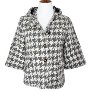 Anthropologie Houndstooth Gray Tweed Crochet 3/4 Sleeve Hooded Peacoat Jacket S